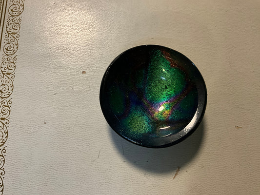 Signed Dichroic Glass Bowl – L. Malm 2012 – Small Studio Art Bowl with Iridescent Swirls