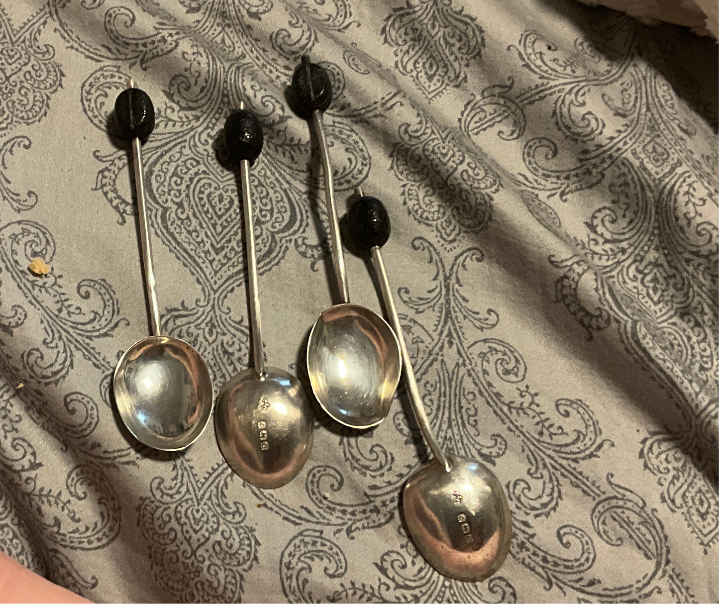Set of 4 Birmingham Sterling Silver Salt Spoons with Ebony Finials – 1913