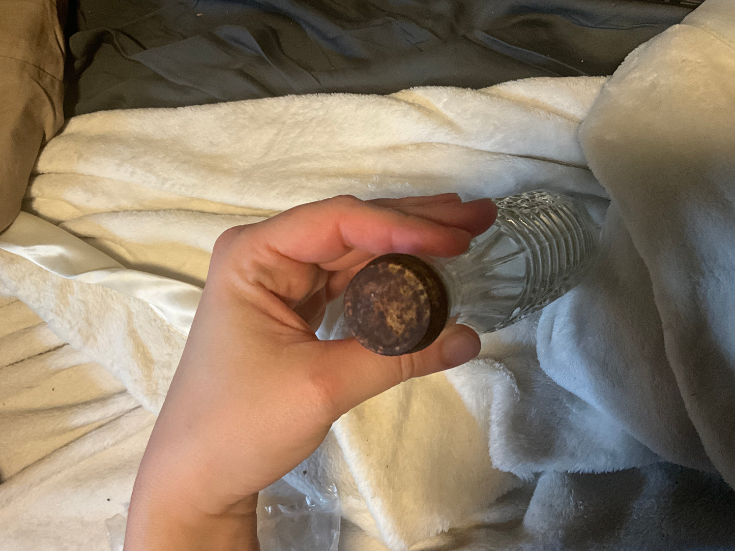 Vintage Sunburst Glass Liquor Bottle with Rusted Metal Screw Cap – 1960s Oval Decanter