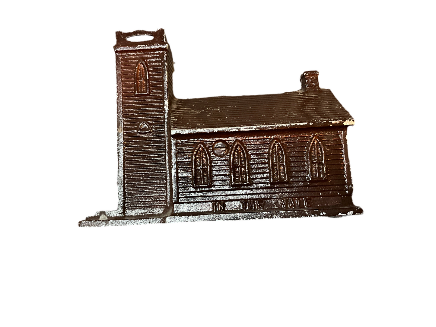 Vintage Cast Iron “Little Brown Church in the Vale” Coin Bank – Brown