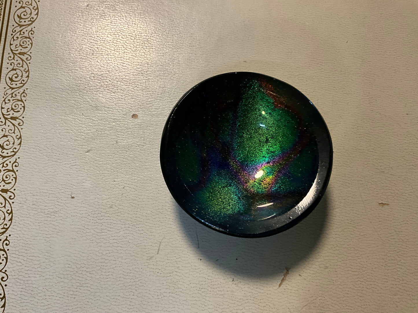 Signed Dichroic Glass Bowl – L. Malm 2012 – Small Studio Art Bowl with Iridescent Swirls