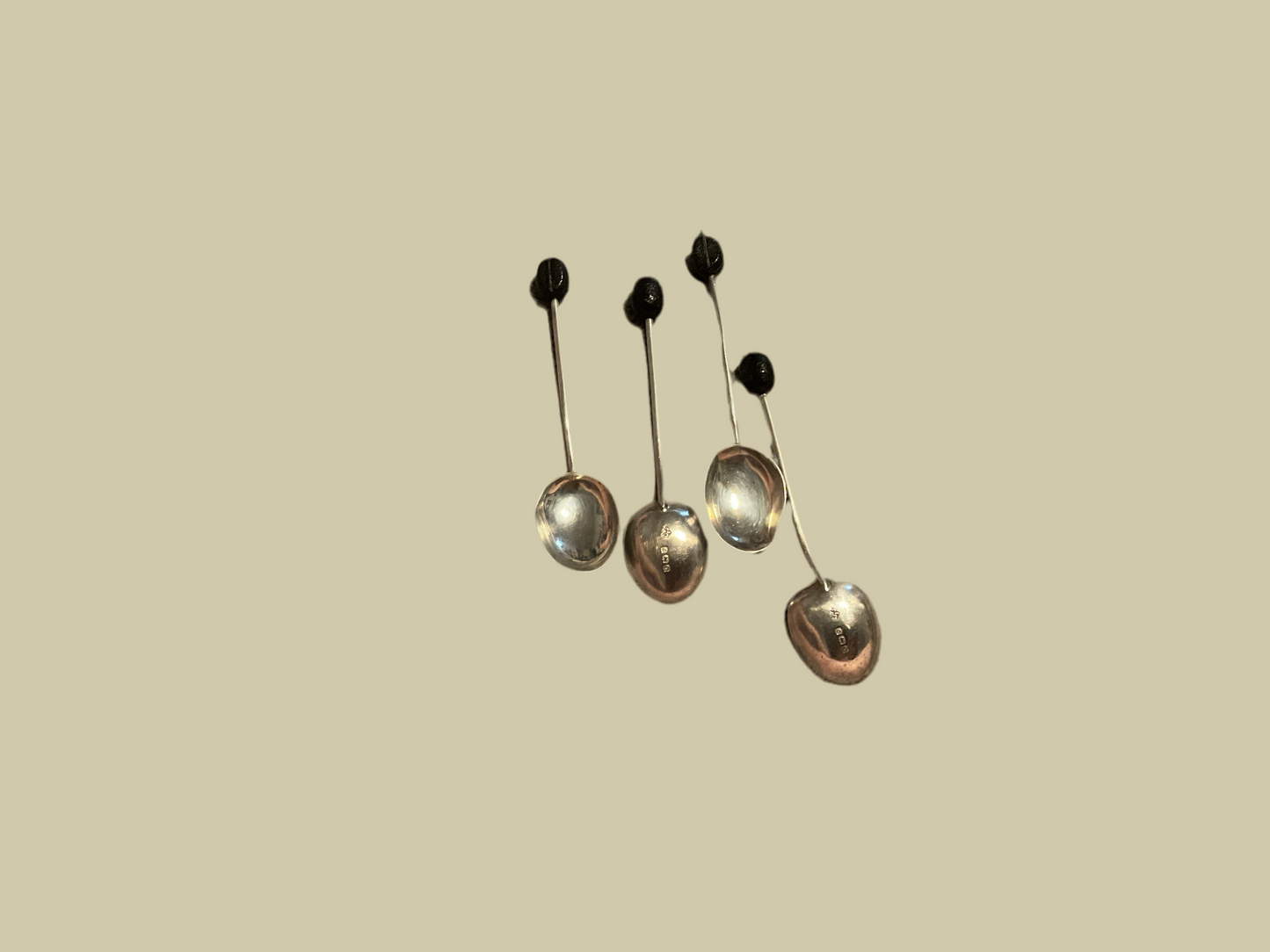 Set of 4 Birmingham Sterling Silver Salt Spoons with Ebony Finials – 1913