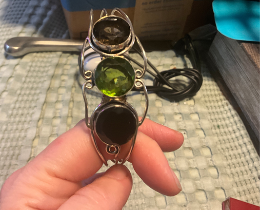 Vintage Sterling Silver .925 Bracelet with Faceted Glass Stones – Boho Statement Cuff