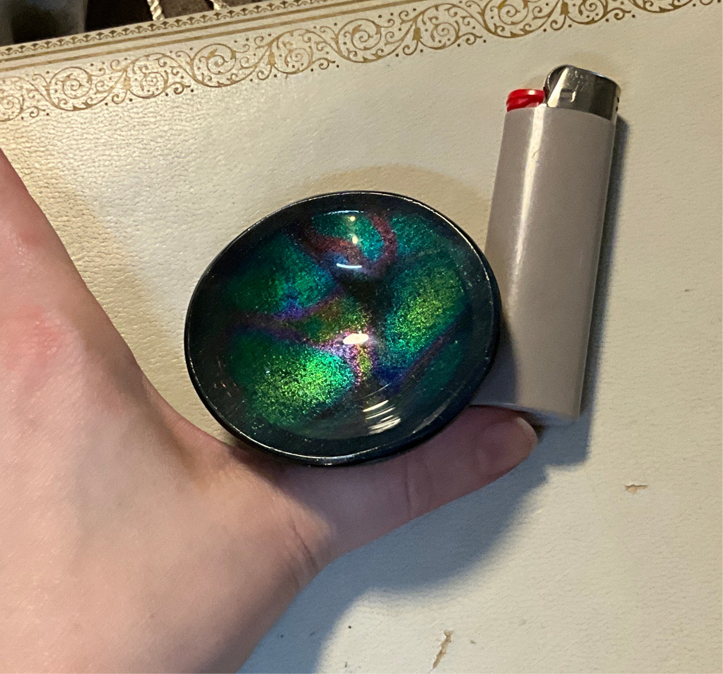 Signed Dichroic Glass Bowl – L. Malm 2012 – Small Studio Art Bowl with Iridescent Swirls