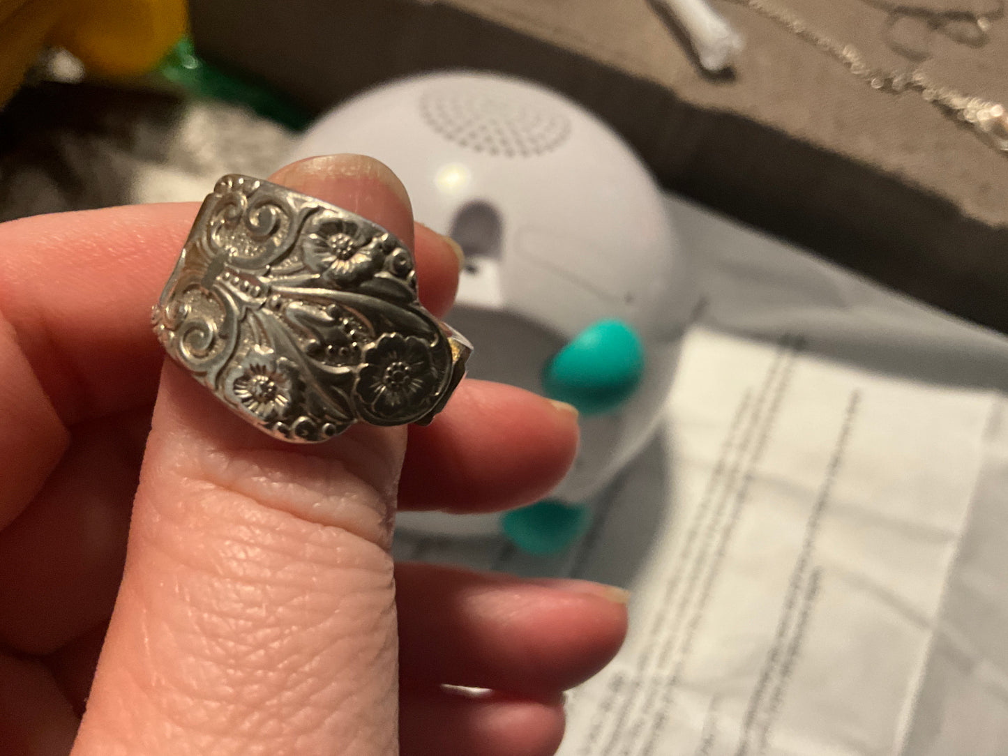 Heavy Sterling Silver Spoon Ring – 14.72g Floral Repoussé Band, Marked “Precious”