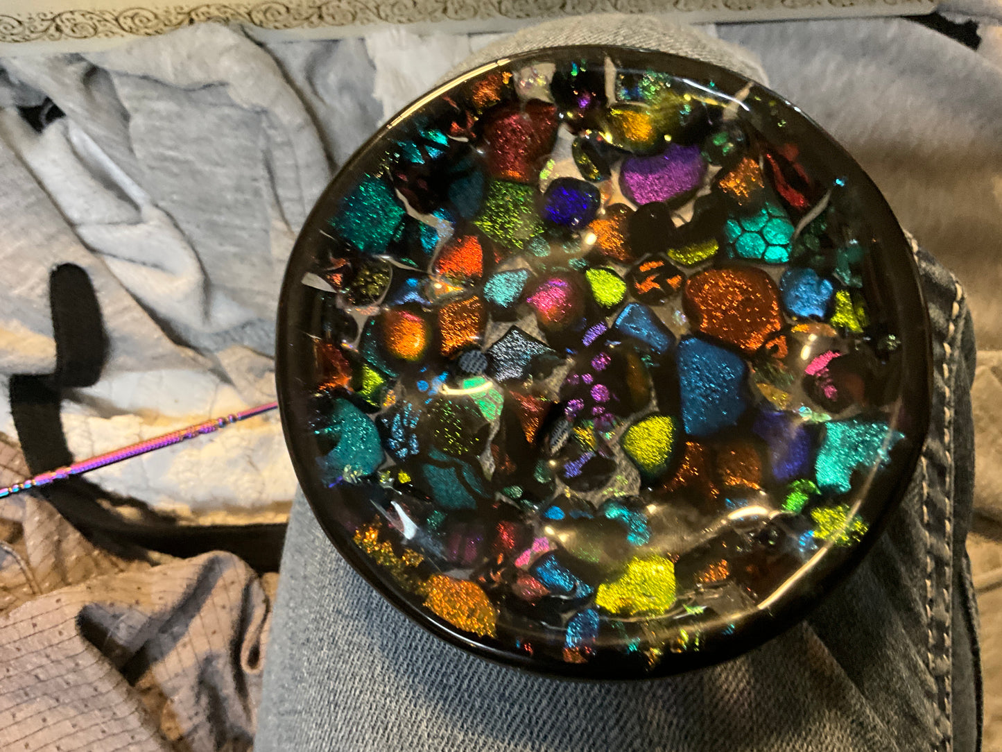 Signed Dichroic Glass Bowl – L. Malm or similar 2012 – Fused Art Glass with Openwork Design