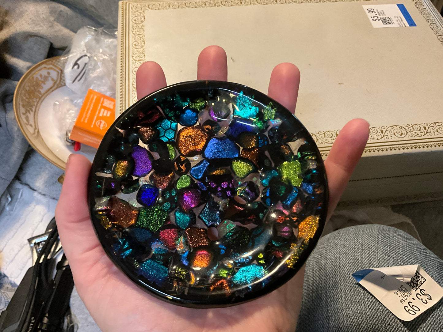 Signed Dichroic Glass Bowl – L. Malm or similar 2012 – Fused Art Glass with Openwork Design