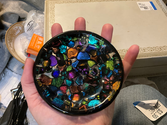 Signed Dichroic Glass Bowl – L. Malm or similar 2012 – Fused Art Glass with Openwork Design