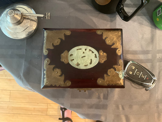 Vintage Chinese Jewelry Box – Rosewood with Brass Fittings, Jade Inlay & Trident Imports Tag