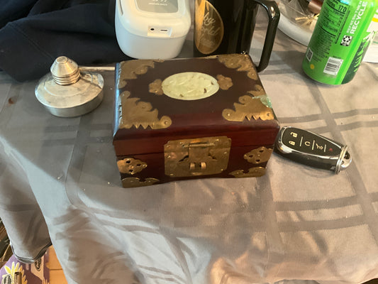 Vintage Chinese Jewelry Box – Rosewood with Brass Fittings, Jade Inlay & Trident Imports Tag