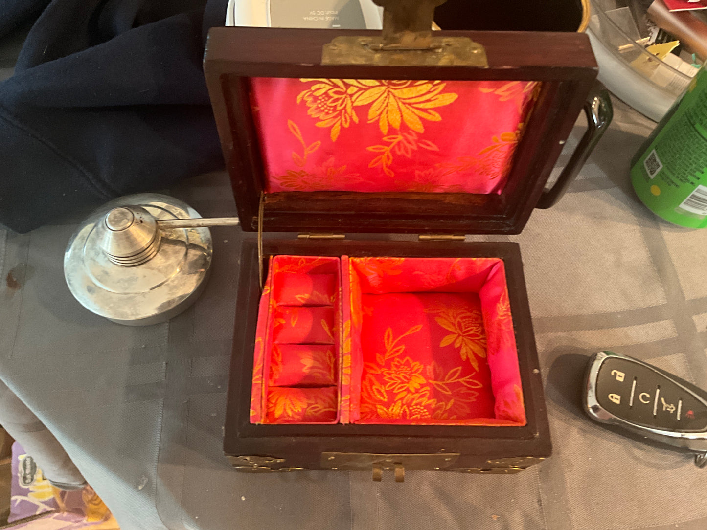 Vintage Chinese Jewelry Box – Rosewood with Brass Fittings, Jade Inlay & Trident Imports Tag