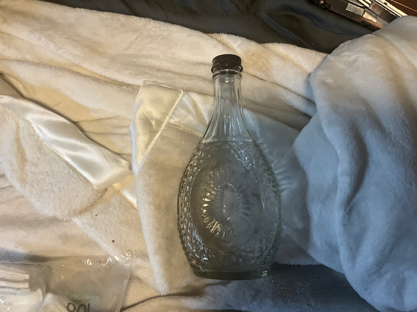 Vintage Sunburst Glass Liquor Bottle with Rusted Metal Screw Cap – 1960s Oval Decanter